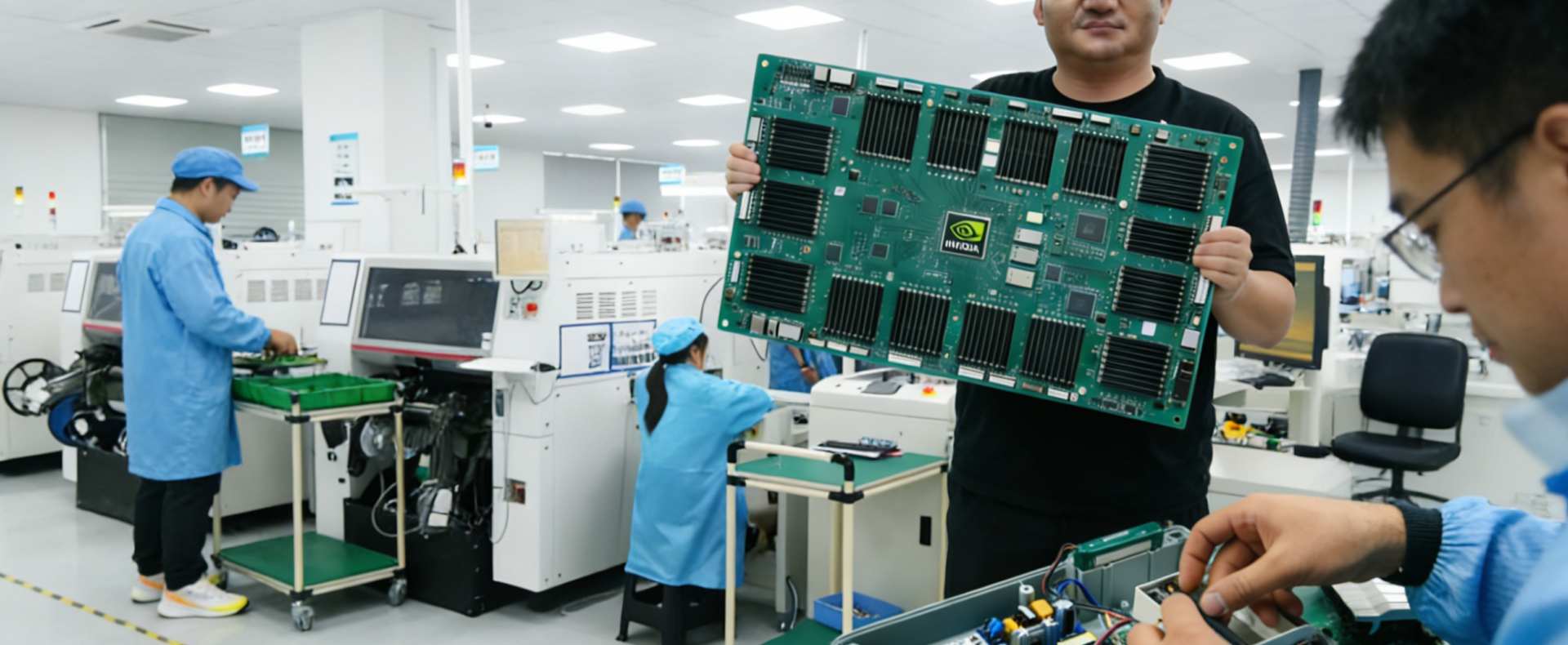 PCB manufacturing team and precision electronics assembly workshop